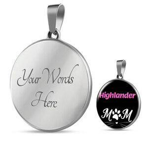 Highlander Cat Mom Circle Pendant Necklace Stainless Steel 24 Inch Chain Silver